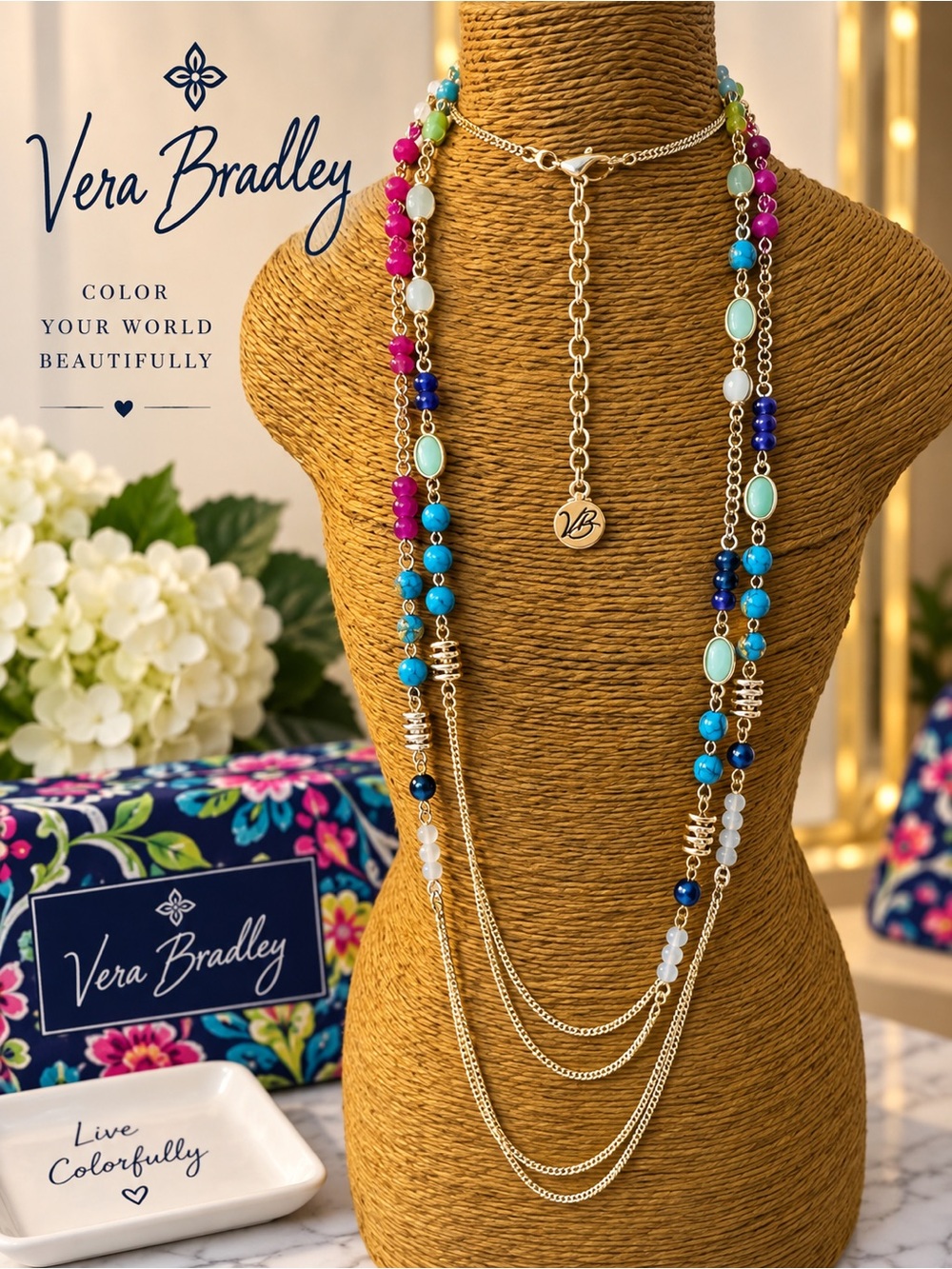 Vera Bradley Turquoise, Pink & Blue Layered Beaded Necklace with Gold Chains